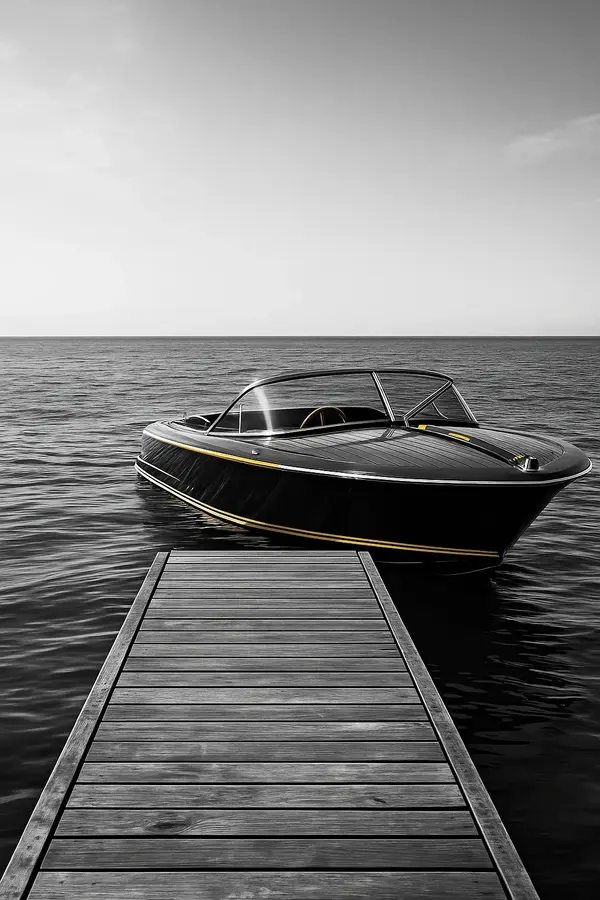 Opez inspired image of a luxury speed boat at the end of a pier